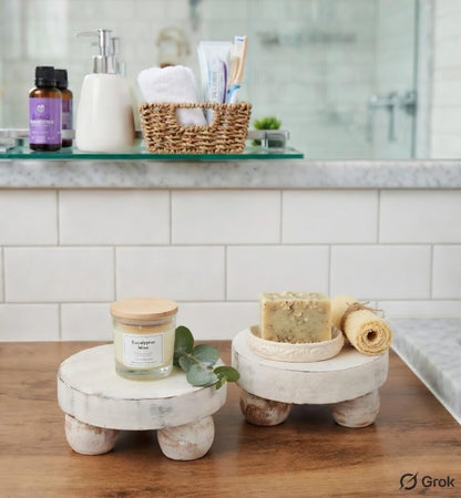 Eximious India Housewarming Gifts Set of 2 Wood Display Stand Home Decor Display Risers Round Pedestal Bathroom Accessory Holder Plant Holder Table Top Kitchen Multi Purpose Organiser Set