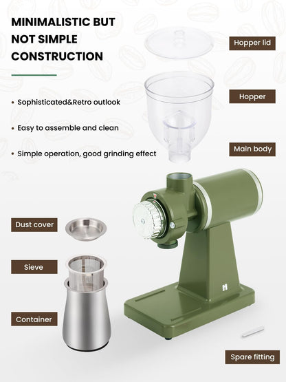 Huanyu Electric Coffee Bean Grinder 250G Automatic Burr Grinder Green and Huanyu Commercial Coffee Grinder with 64mm Flat Burr Anti-Flying Grounds Outlet 26oz Lotus Hopper Bundle