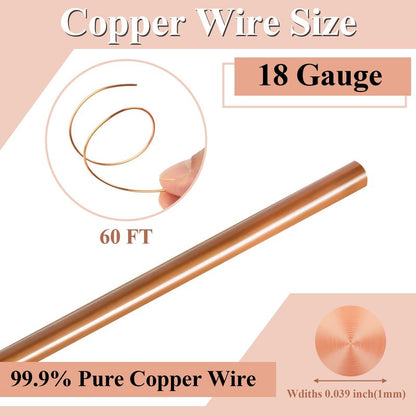 Opvixi Copper Wire, 18 Gauge 60 FT 99.9% Pure Copper Wire for Jewelry Making, Electroculture, Gardening, Beading, Plants, Crafts, Science Projects, DIY Artwork