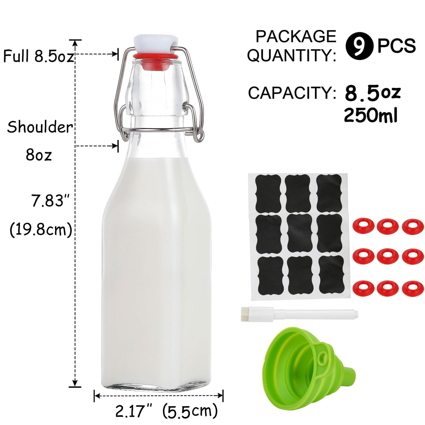 ZEBEIYU Swing Top Glass Bottles 8 oz with Airtight Lids for Home Brewing, Kombucha, Kefir, Vanilla Extract, Beer, Oil, Vinegar, Homemade Juices, Water,Soda Set of 9