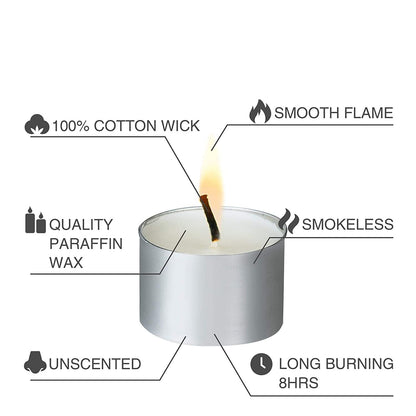 Tealight Candles 100% Pure Wax, Unscented, Long Burning Tealight, 9 Hours Burn time, White Unscented Tea Light Candles (Pack of 50)