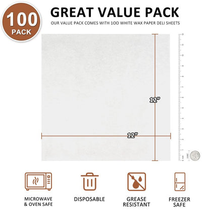 100PCS Deli Paper Sheets 12×12", Unbleached White Wax Paper Sheets for Food Basket Liners, Precut Parchment Paper Baking Sheets for Cookies, Grease Resistant Sandwich Wrappering Paper by Neyimqr