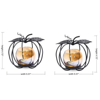 Pumpkin Glass Votive Candle Holder, Set of 2, Decorative Matte Black Iron Tea Light Candle Holder for Home Décor, Thanksgiving Decoration, Halloween Table Decor