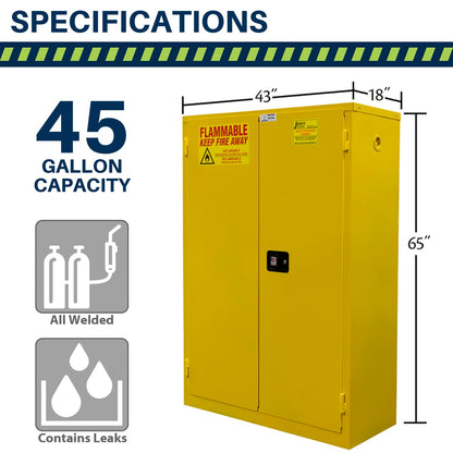 Jamco 45 Gallon Flammable Safety Cabinet, Steel Flammable Storage Cabinet with Lockable Manual Closing Doors, Non Forkliftable, 43" x 18" x 65", Yellow