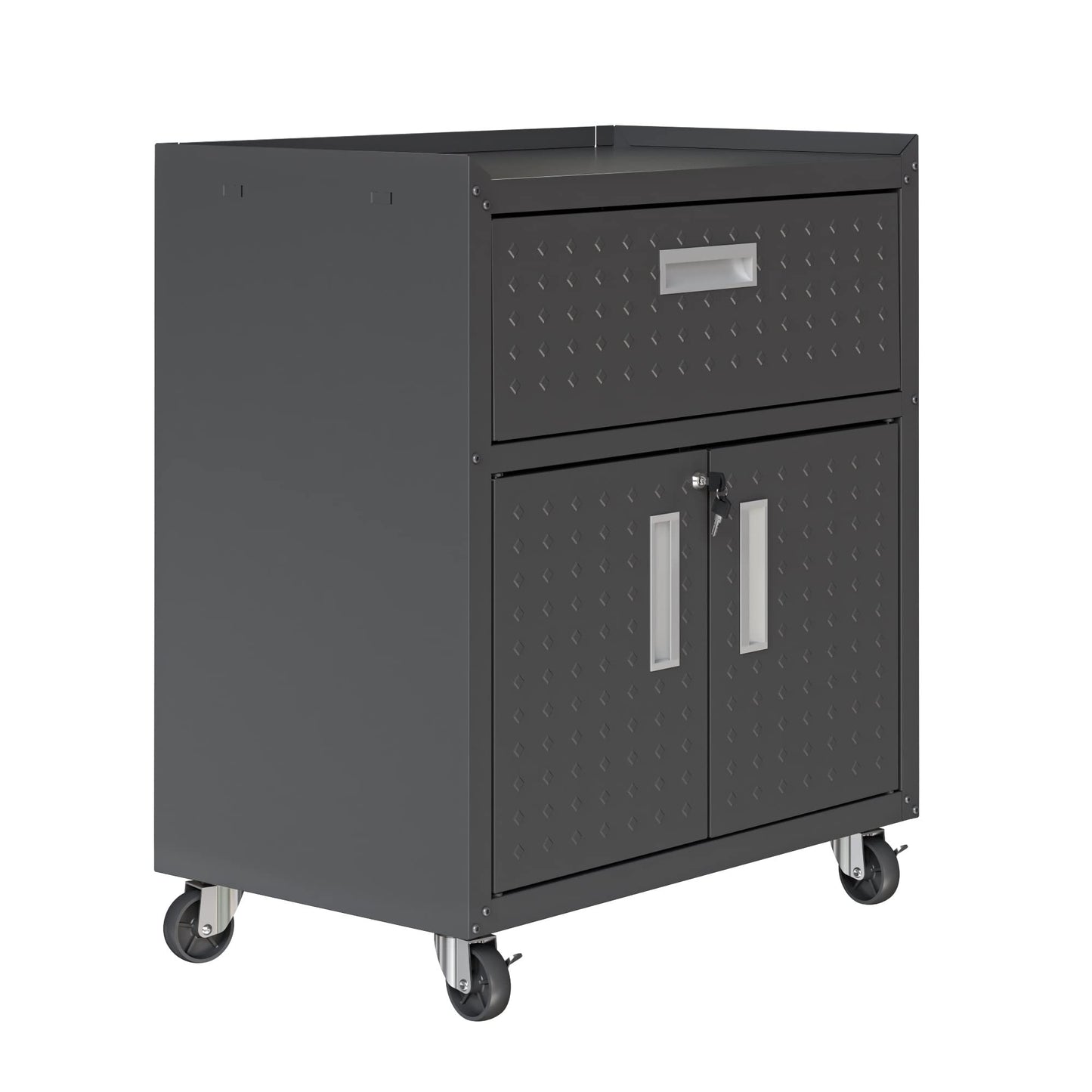 Manhattan Comfort Fortress Rolling Garage Storage Cabinet with Drawer & Adjustable Shelves, Lockable Metal Compartment for Tools, Heavy-Duty Mobile Utility Organizer with Wheels, Charcoal Gray