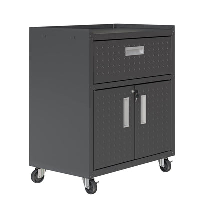 Manhattan Comfort Fortress Rolling Garage Storage Cabinet with Drawer & Adjustable Shelves, Lockable Metal Compartment for Tools, Heavy-Duty Mobile Utility Organizer with Wheels, Charcoal Gray