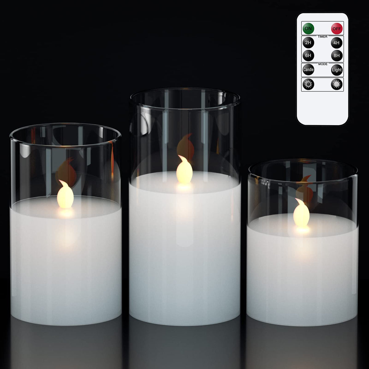 GenSwin Clear Glass Battery Operated Flameless Led Candles with 10-Key Remote and Timer, Real Wax Candles Warm White Flickering Light for Home Decoration(Set of 3)