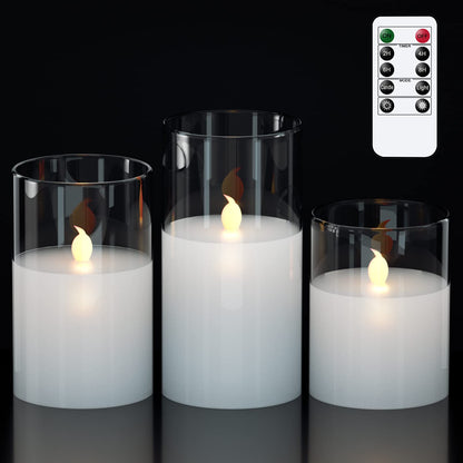 GenSwin Clear Glass Battery Operated Flameless Led Candles with 10-Key Remote and Timer, Real Wax Candles Warm White Flickering Light for Home Decoration(Set of 3)