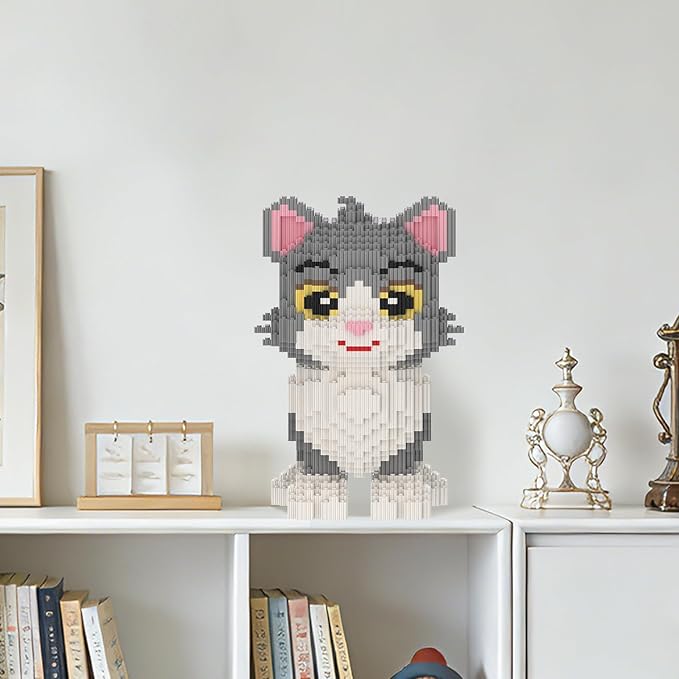 Cat Building Blocks with Organizer Bins | Grey | Micro 3D Animal Building Blocks | 3000PCS | Gift for Adults and Kids | Home &amp Office Decor | RQ8888