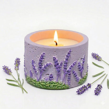 ZAWUU Lavender Scented Candle - 3D Floral Relief Decorative Soy Wax Candle with Built-in Iron Pad for Tabletop Heat Protection - Smokeless Aromatherapy for Stress Relief - Purple Home Office Decor