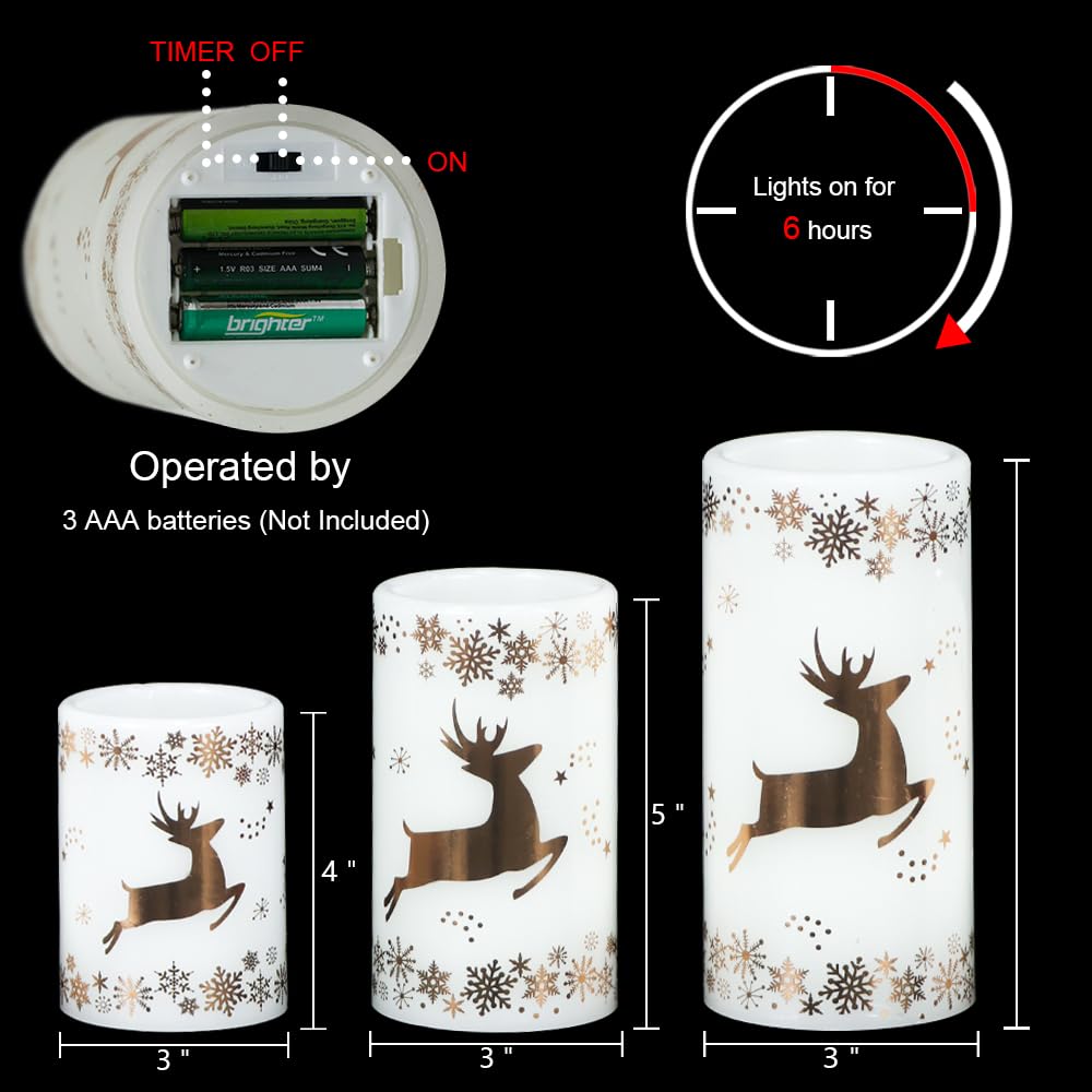 Lasumora Golden Reindeer Christmas Candles with 6H Timer, Real Wax LED Candles Flameless Flickering, Battery Operated Candle Pillar for Home Décor Christmas Decorations Gifts, 3x4/5/6 inches
