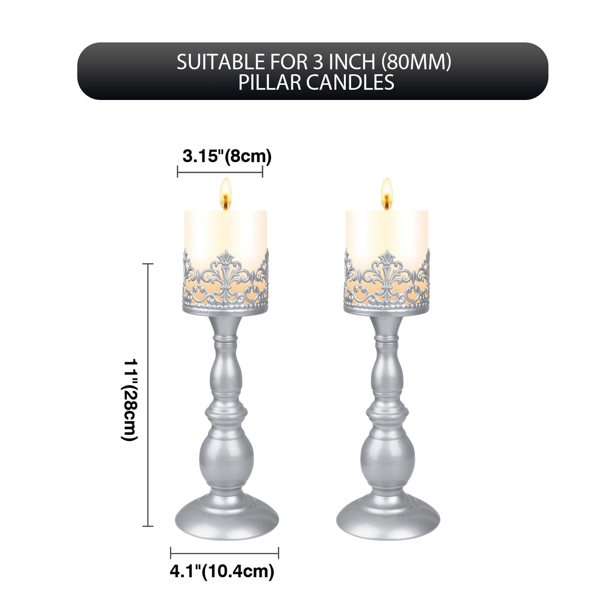 Candle Holders for Pillar Candles Gothic Matte Pearl Silver Tall Candle Holders Set of 2 Decorative Large Table Centerpieces Candle Stand Decor (Pearl Silver 2PCS A)
