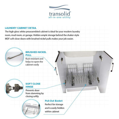 Transolid TCAB-2420-WSW 24-in All-in-One Laundry Cabinet Sink, Stainless Steel High Arc Faucet, and Basket in White