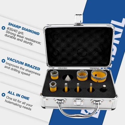 HIGHDRIL Diamond Drill Bits Kit with 5/8-11 for Porcelain Tile Ceramic Marble Brick Concrete Vacuum Brazed Hole Saw(6/6/8/20/25/35/50mm+35mm Chamfer Bit+Adapter)