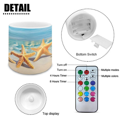 NETILGEN Flameless Candles Set of 4 Blue Beach Starfish Print Home Party Decor Realistic Flickering Flameless Candles with Timer Remote Control Battery Powered LED Candles