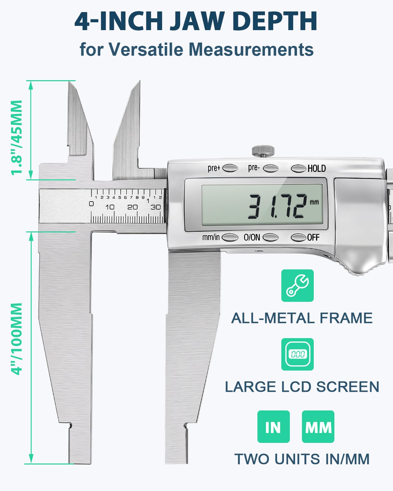 Mxmoonfree 20-Inch Digital Caliper with 4-Inch Jaw Depth, Precision Measuring Tool, Full Metal Frame, Large LCD Screen, Resolution 0.0005"/0.01mm, Ideal for Professionals & Hobbyists