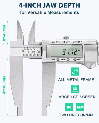 Mxmoonfree 20-Inch Digital Caliper with 4-Inch Jaw Depth, Precision Measuring Tool, Full Metal Frame, Large LCD Screen, Resolution 0.0005"/0.01mm, Ideal for Professionals & Hobbyists