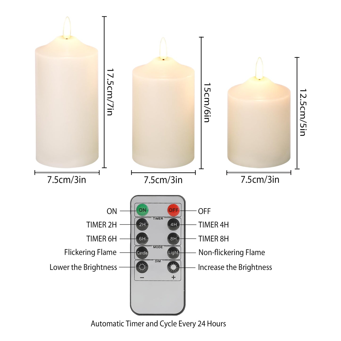 JHY DESIGN 3D Flameless Candles Set 4/5/6inch High Real Wax Battery Candle Pillars Flickering LED Candles with 8-Key Remote Control Timers for Home Wedding Party Christmas Decoration (Set of 3)