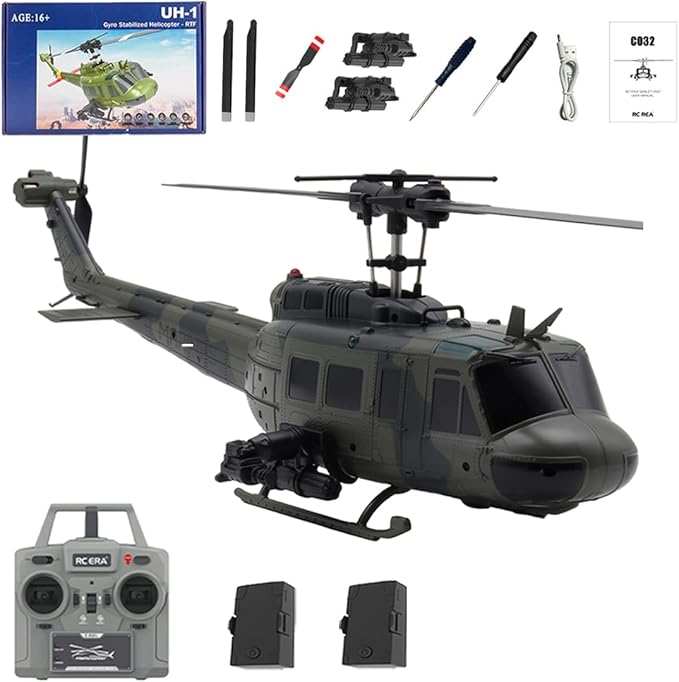 C032 UH-1 Huey RC Helicopter 1/48 Scale 6-Channel Brushless Helicopter with Optical Flow Positioning One Click Inverted Flight &amp Gyro Stabilized 3D Stunt Military Aircraft Model for Adults
