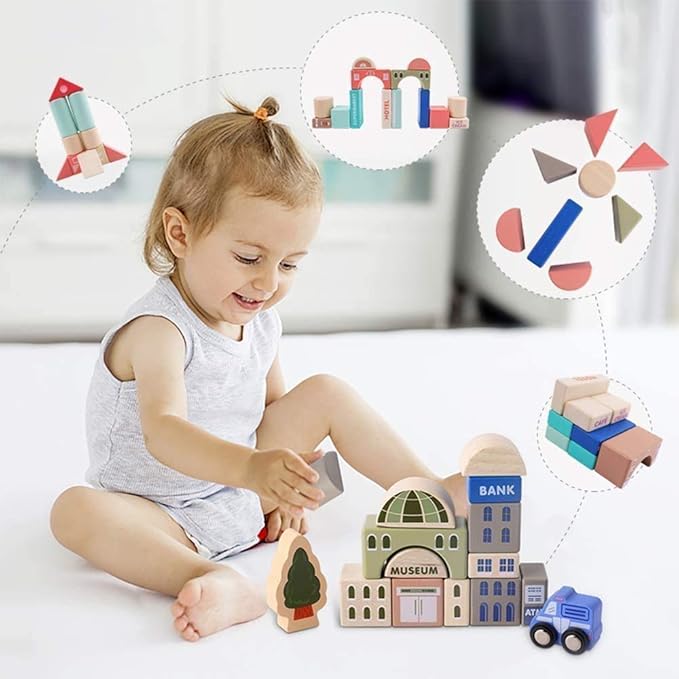 115 Pcs Wooden Building Blocks Toy Set for Kids City Construction Stacker Stacking Preschool Learning Educational Toys Gifts for 3+ Boy Girl Toddler