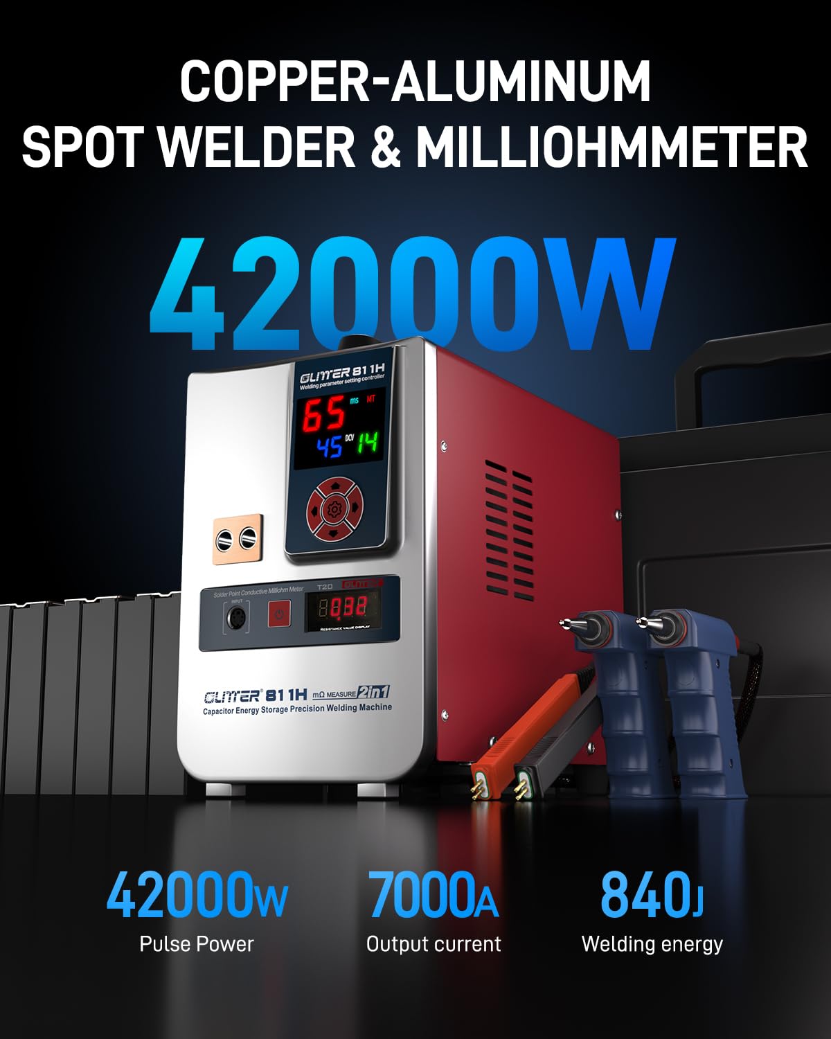GLITTER Industry Spot Welder & Milliohm Resistance Meter, 42000W 7000A Battery Spot Welder, Copper Aluminum to Nickel Spot Welder for Lithium Batteries, Batch Build LiFePO4 Prismatic Battery Pack,811H