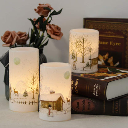 Eldnacele Snowman Christmas Deco Flameless Flickering Candles with Automatical Daily Cycle Timer, White Battery-Operated LED Pillar Candles Snowman Decals 3 Pack (D3” x H 4” 5” 6”)