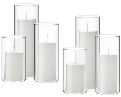 Shihanee Set of 6 Pillar Candles with Glass Cylinder Vases Clear Cylinder Hurricane Candleholders for Slim Tall Pillar Candles Wedding Table Centerpieces(2.6'' X 4.7'', 5.9'', 7.9'',White)