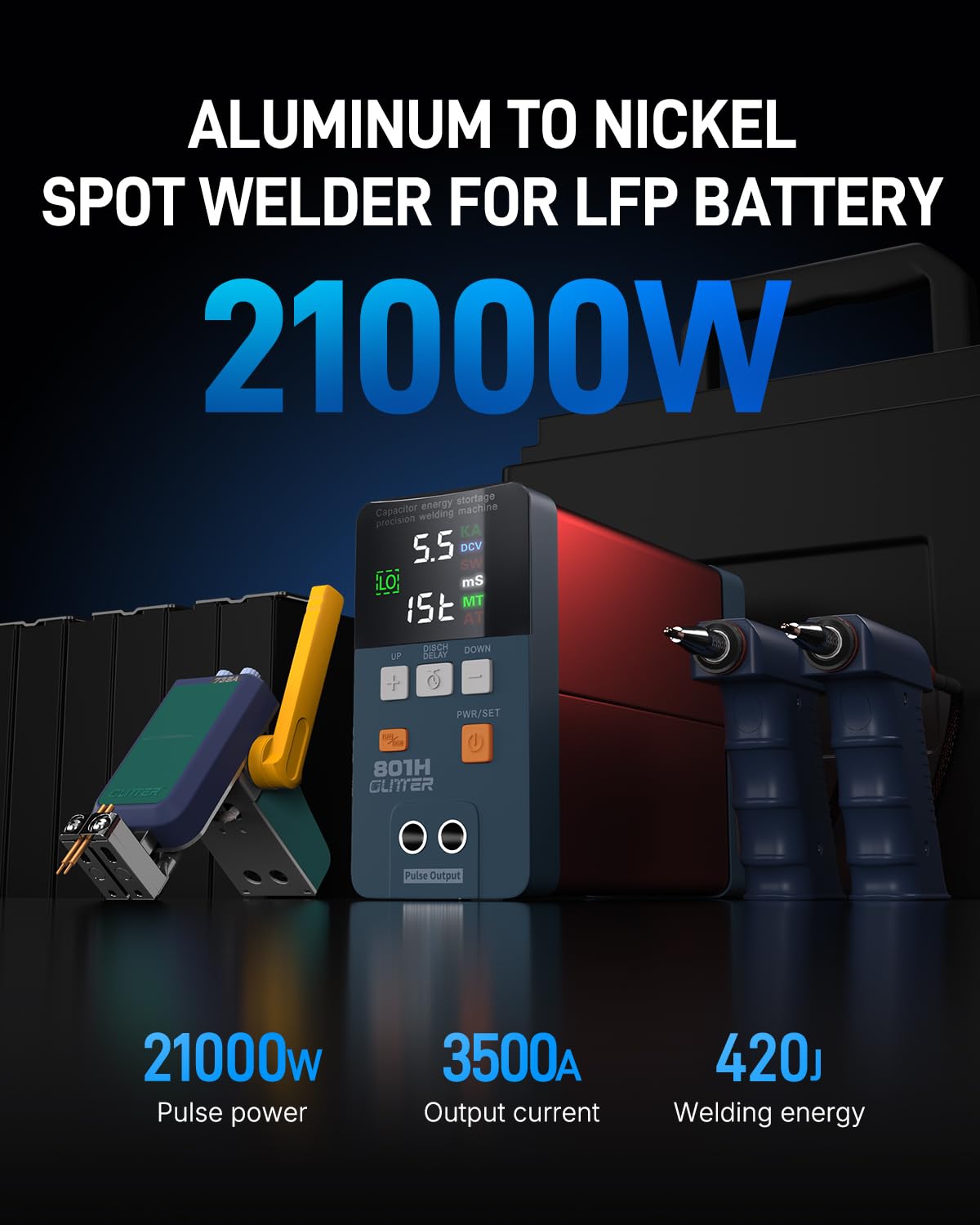 GLITTER Spot Welder, 21000W 3500A Battery Spot Welder, Aluminum to Nickel Spot Welder for Lithium Batteries, Auto & Manual Battery Welder for Batch Building 18650 LiFePO4 Lithium Battery Pack DIY,801H