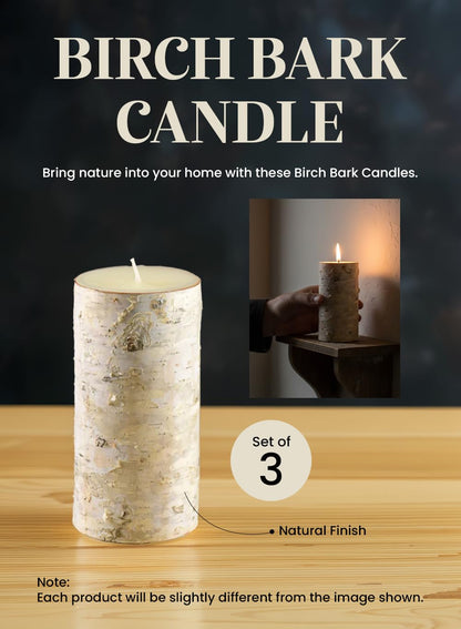 Serene Spaces Living Birch Bark Candle, Set of 3 Medium, Pillar Candle, Ideal for Weddings, Parties, Events, Restaurants, Home Decor, 3" Diameter & 5.75" Tall