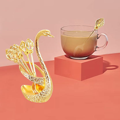 Coffee Spoon Set with Swan Base Holder, Metal Swan Base Holder Spoon Organizer with 6 Spoons, Small Delicate Spoons for Coffee Fruit Dessert Ice Cream Cake (Gold)