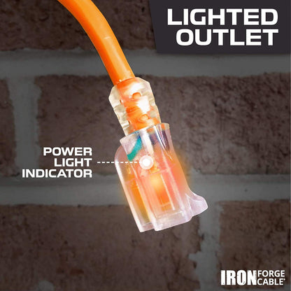 Iron Forge Cable Lighted Outdoor Extension Cord 100 Ft - 10 Gauge Heavy Duty Extension Cord, 15 AMP, 10/3 Orange Power Cable SJTW Weatherproof 3 Prong