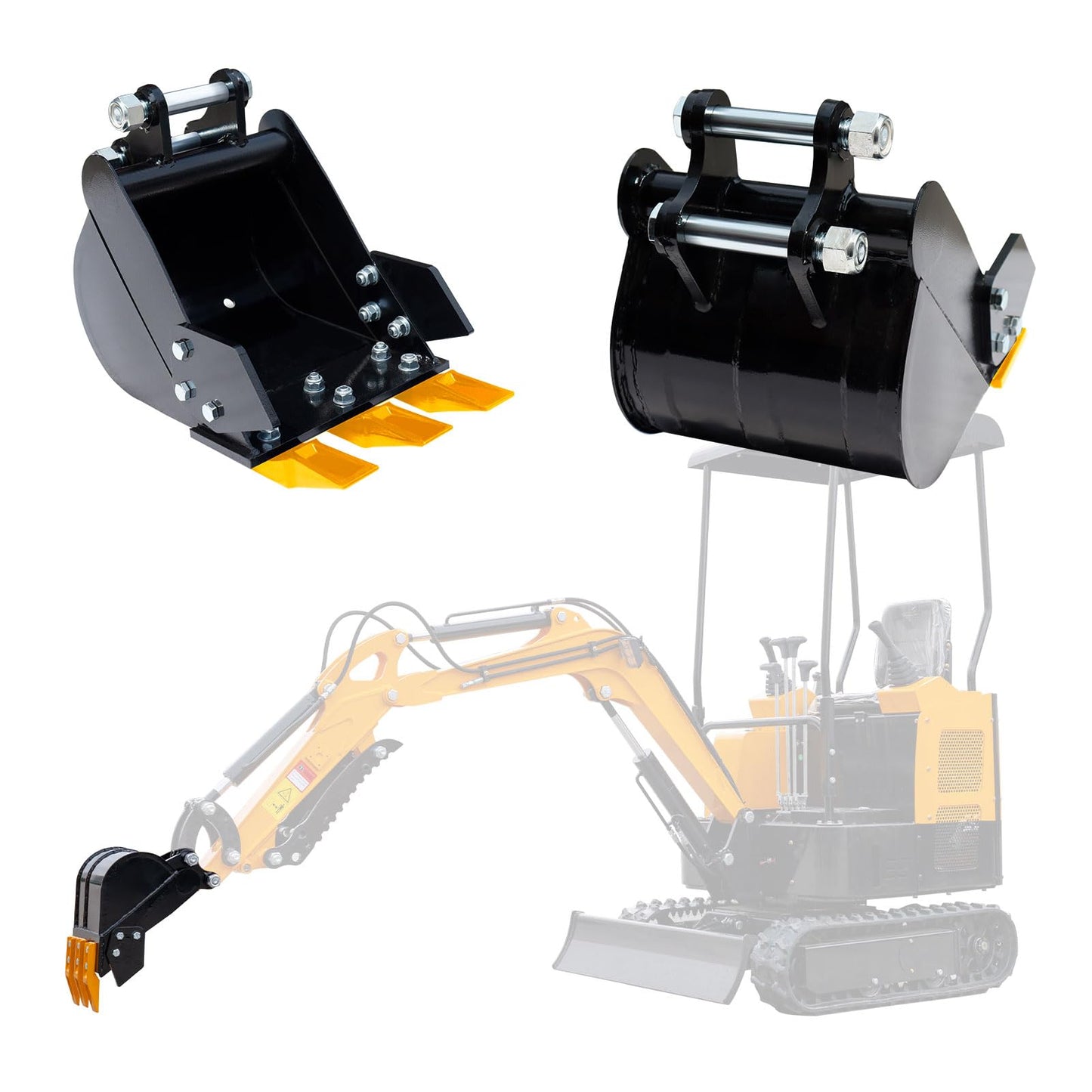 MMS 11.81in/300mm Mini Excavator Digging Bucket with Metal Teeth - 0.98"/25 mm Hole Diameter, 3.54"/90 mm Span, Mini Excavator Attachments Digging Bucket for Trenching & Digging