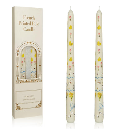 Floral Taper Candles 10 Inch Tall Unscented Handmade Beige Rabbit Print Long Burning Elegant Candlesticks for Wedding Dinner Home Decor