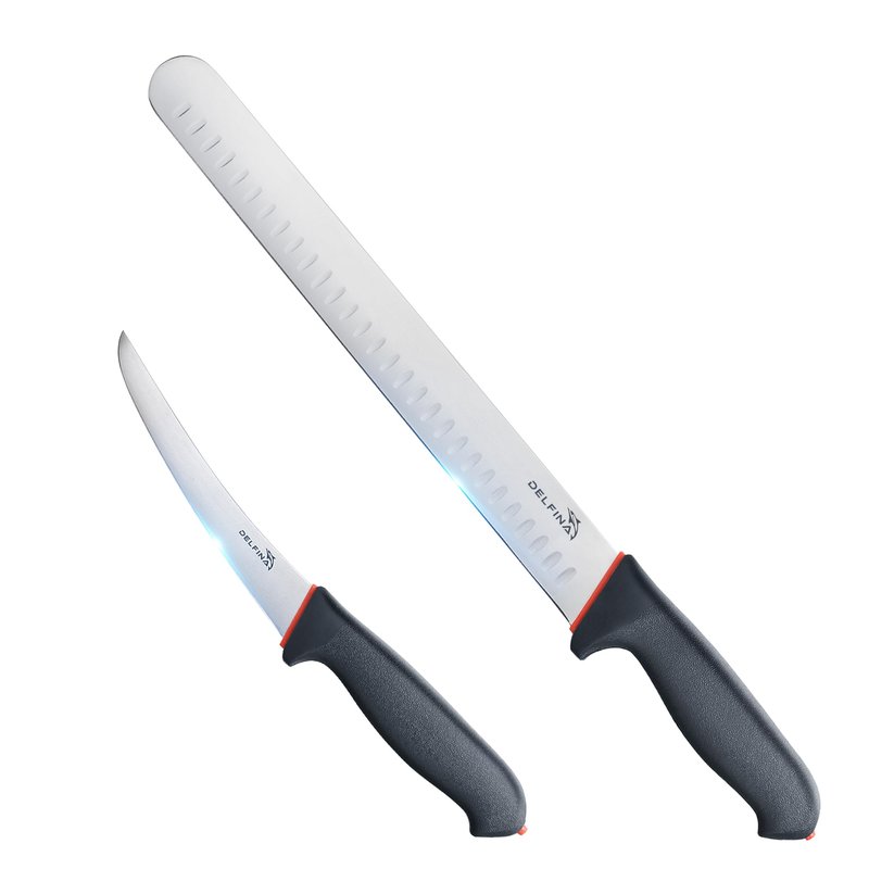 DELFINA Professional 2 Piece BBQ & Butcher Knife Set, Japanese Style Premium Stainless Steel Chef Knife Set W/SoftGrip Handle, Multi-Purpose Slicing & Boning Knife Set for Kitchen Home Restaurant