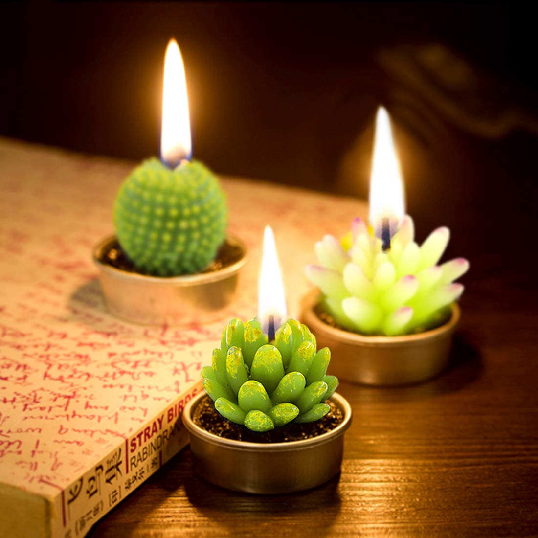 Swpeet 12Pcs Decorative Succulent Cactus Tealight Candles Kit, Cute Smokeless Succulent Plants Perfect for Candles Festival Wedding Props and House-Warming Party (N0.6-Candle)