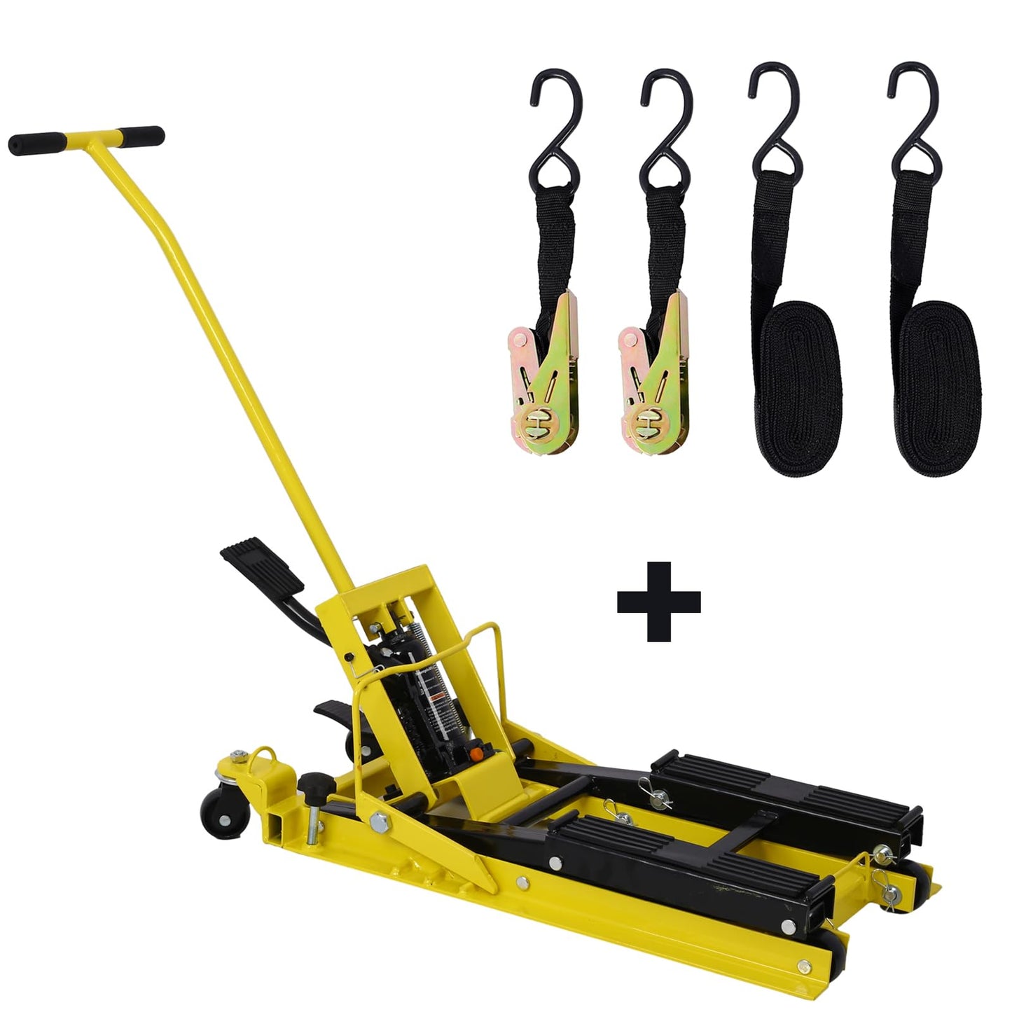 Hydraulic Motorcycle Lift Jack, 1500 LBS Capacity ATV Scissor Lift Jack, Hydraulic Foot-Operated Motorcycle Lift Table with 4 Wheels, 4.5"-15" Lifting Range Steel ATV Lifts Stand Hoist Yellow