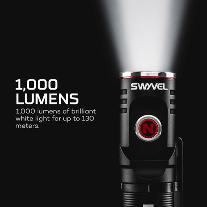 NEBO SWYVEL 1000 Lumen Rechargeable Flashlight | 5 Light Modes, Rotating Swivel Head, Pocket Size Work Light, Magnetic Base & Steel Clip, Water Resistant, Includes Wireless USB Charging Dock