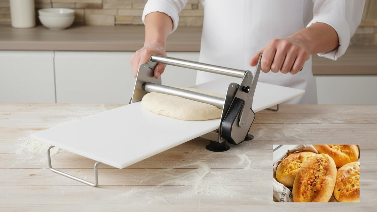 304 Stainless Steel Fondant Dough Sheeter with 23.62" x 11.81" Sheeter Board, fondant non-stick roller, Manual Dough Roller with 1-20mm Adjustable Thickness