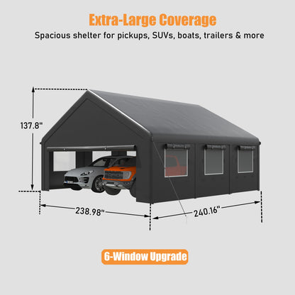 MNLR 20x20 FT Heavy Duty 2 Car Carport Canopy, Outdoor Portable Garage Shelter with 6 Mesh Windows, Removable Sidewalls, Galvanized Steel Frame, Waterproof UV Resistant Car Canopy Tent for Boat, SUV