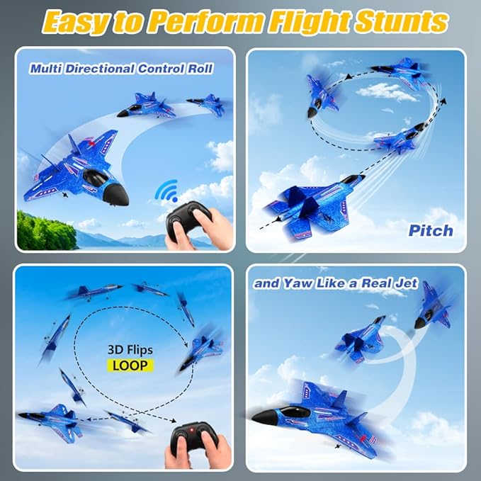 Fremego RC Airplane F22 Fighter Jet for Kids &amp Adults 2.4GHz Remote Control with Gyro Stabilization LED Lights Crash Resistant EPP Foam Perfect Beginner Gift(Blue)