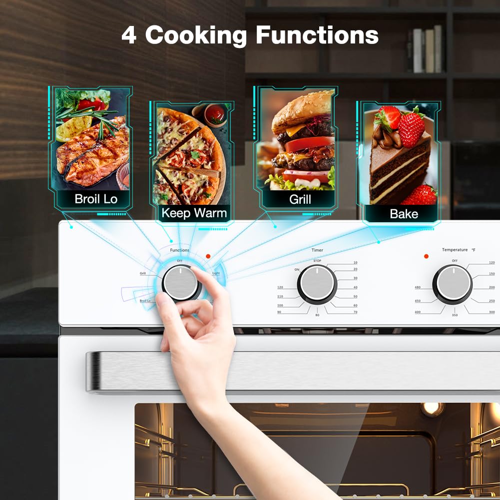 24" Single Wall Oven, ThermoMate 2.8 Cu.ft. Electric Wall Oven with 5 Cooking Functions, White Built-in Ovens with Mechanical Knobs Control, ETL Certified