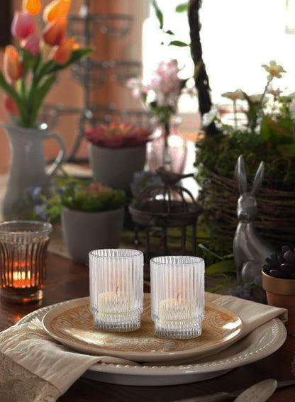 Serene Spaces Living Set of 4 Ribbed Glass Votive Holders & 10-Hour Ivory Votive Candles Set of 36 Bundle – Elegant Pleated Candle Holders & Long-Burning Unscented Tea Light Candles