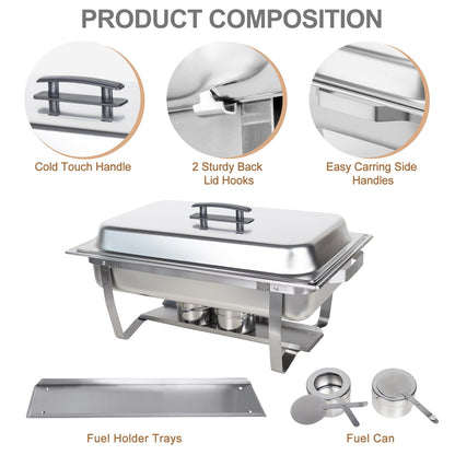 Valgus 4-Pack 8QT Stainless Steel Chafing Dish Buffet Set with 2 Full Size, 2 Half Size, 3 1/3 Size Pans Food Warmers for Parties, Buffets, Wedding, Banquet, Catering Events