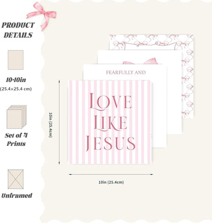 LARTSFRO Coquette Pink Bow Wall Art | Inspirational Christian Decor for Teen Girls | 10x10 Inch Set of 4 Unframed
