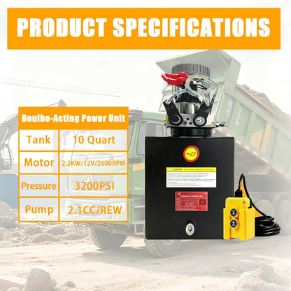 ParnicoTech 10 Quart Hydraulic Power Unit, Double Acting Dump Trailer Pump 12V DC, 3200 PSI Max Relief Pressure, Power Unit Metal Reservoir for Dump Trailer Car Lifting, SAE # 6 Port, Steel