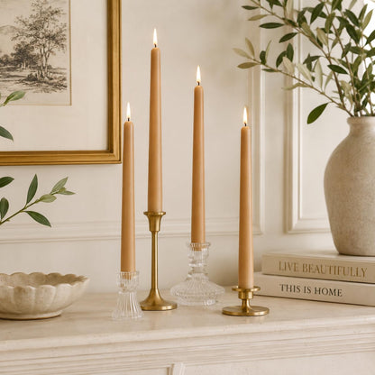 Warm Beige Taper Candles Set of 4, 10 Inch Handmade Candle Stick, Unscented Candlesticks, Tapered Candles for Wedding Dinner Table Home Decor Meditation Gift