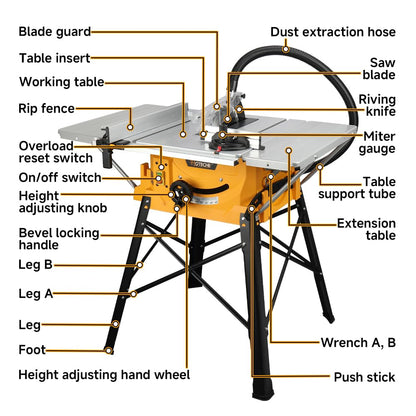 Hoteche 10-Inch Table Saw - 15-Amp Electric Power Saw with Stand and Extendable Table for Woodworking, Carpentry, DIY Projects