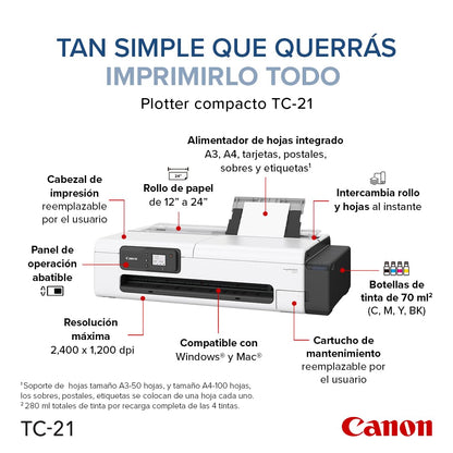 Canon imagePROGRAF TC-21 24" - Large Format Printer, Poster & Plotter Printer, Automatic Roll & Cut Sheet Paper Feeder, Includes 280 ml of Ink, White