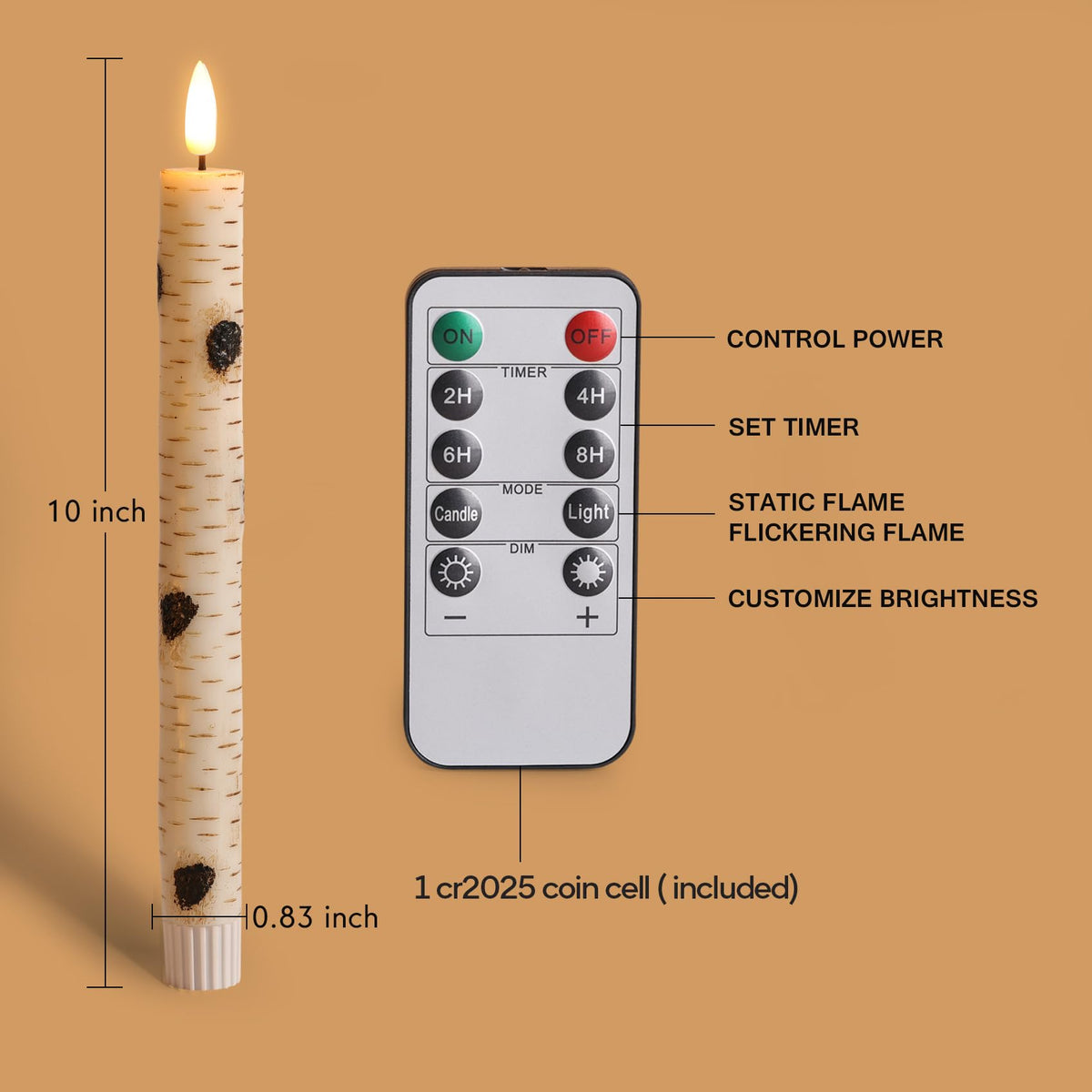 Girimax Birch Bark Flameless Taper Candles with Remote, Flickering Battery Wood LED Candlesticks Set of 6
