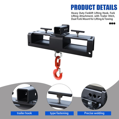 FAYUWUOX Heavy Duty Forklift Lifting Hook with 2" Receiver Hitch, Dual Fork Mounted Lifting & Towing Attachment, 10 Ton Max Capacity for Forklift Tractor Industrial Use